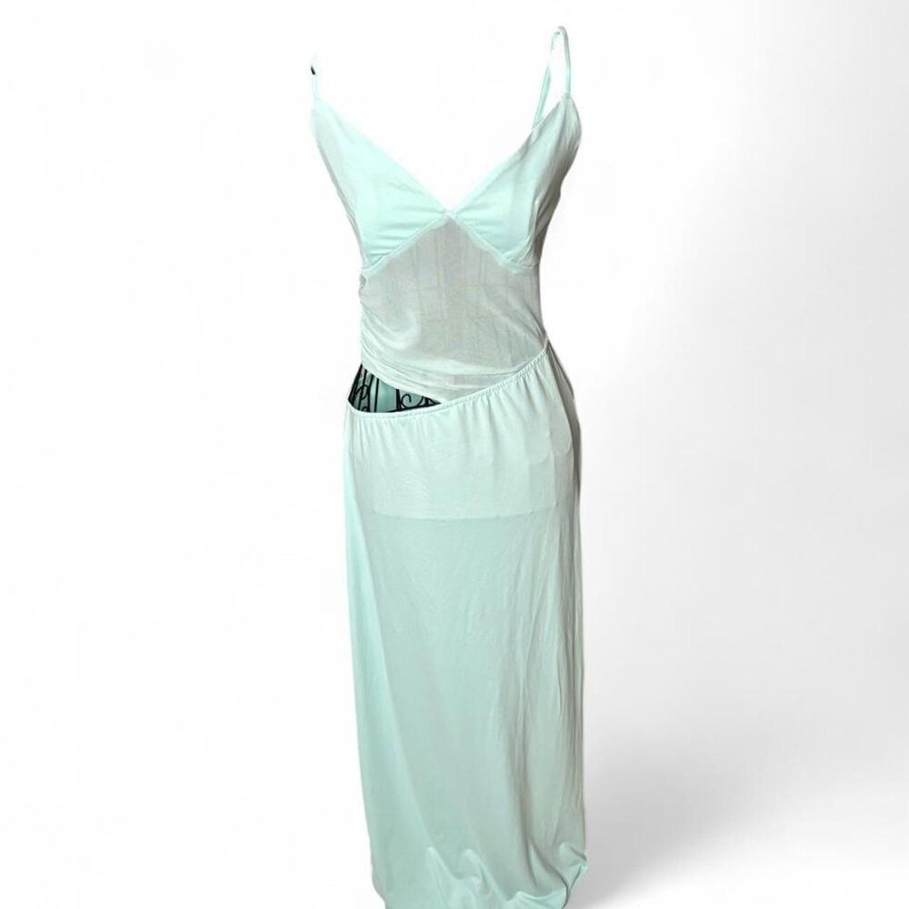 Mint Green Mesh Cutout Maxi Dress Sheer Midriff Side Slit Bodycon Small S